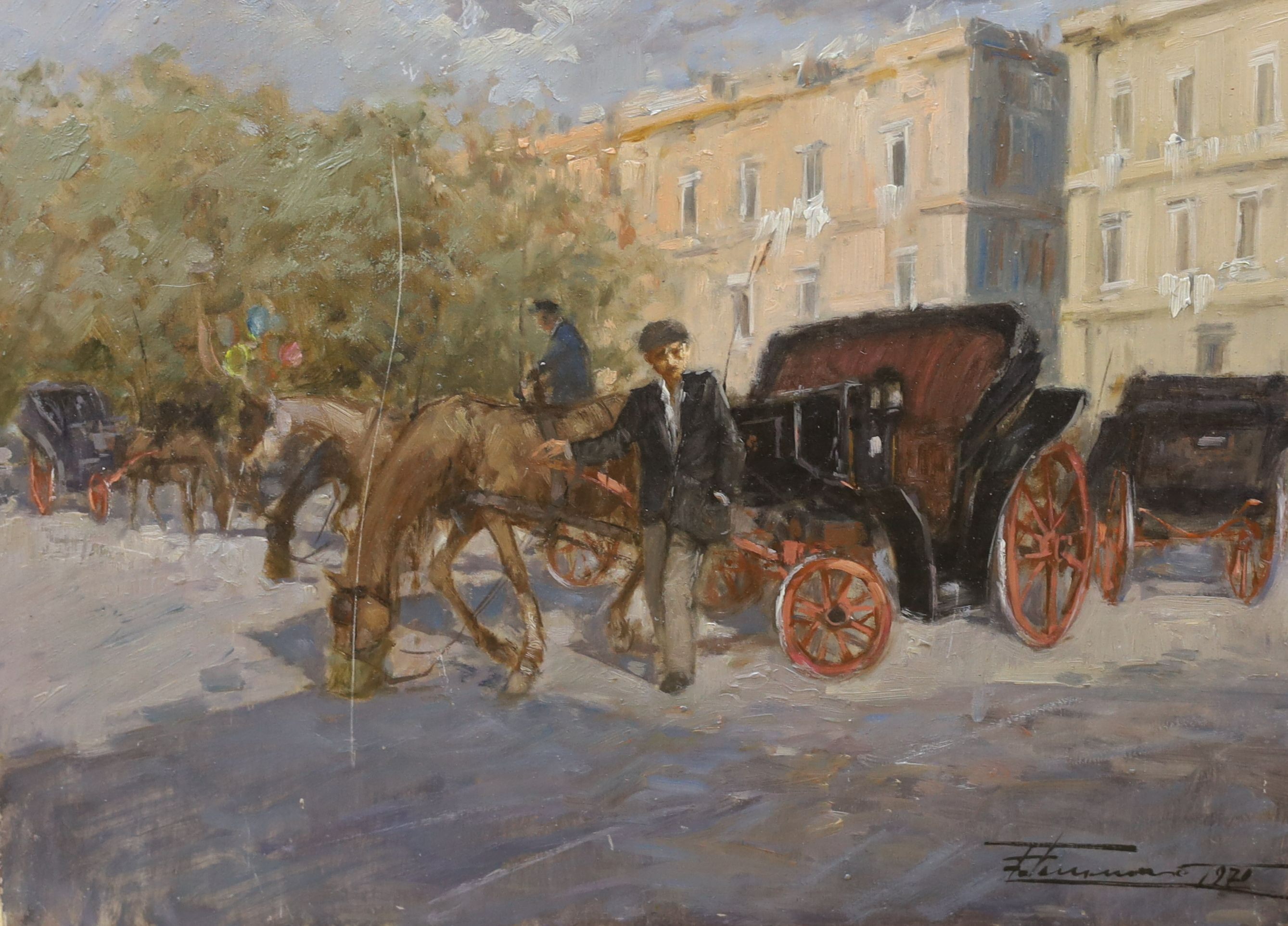 Francesco Tammaro (1939-), oil on board, Carriage horse and driver, signed and dated 1970, 30 x 40cm, unframed